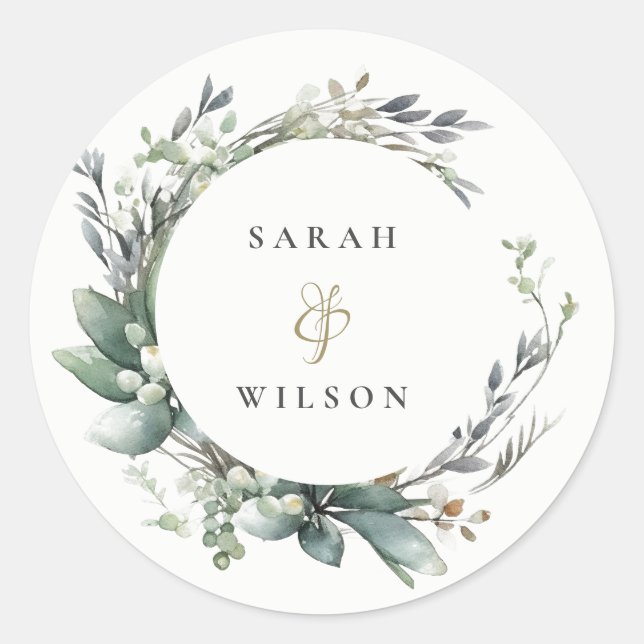 Sticker Rond Aquarelle rustique Mariage de serrure vert feuilla (Devant)