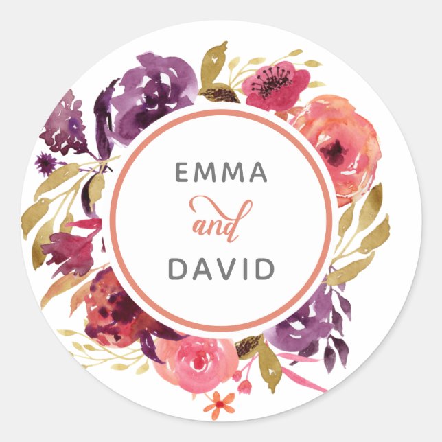 Sticker Rond Aquarelle rustique Mariage floral rose et violet (Devant)