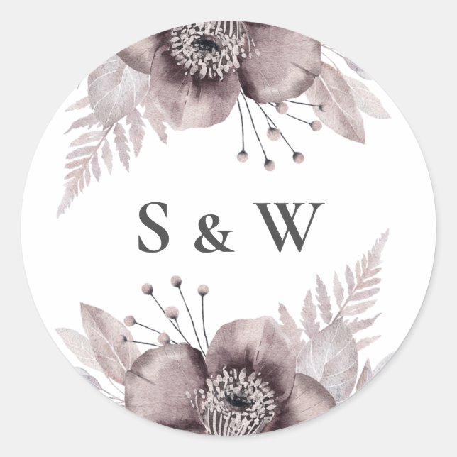 Sticker Rond Aquarelle rustique Mauve Floral Mariage (Devant)