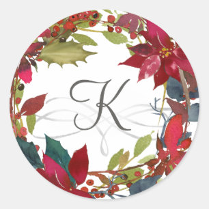 Sticker Rond Aquarelle Rustique Rouge Poinséttia Florale Initia