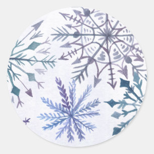 Sticker Rond Aquarelle rustique Snowflakes Blue Winter Wedding
