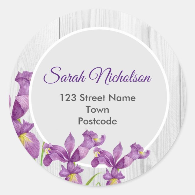 Sticker Rond Aquarelle Rustique violet Iris Botanique Floral (Devant)