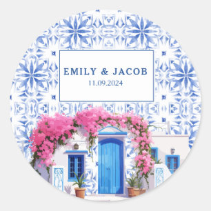 Sticker Rond Aquarelle Santorini Grèce mariage bleu et blanc