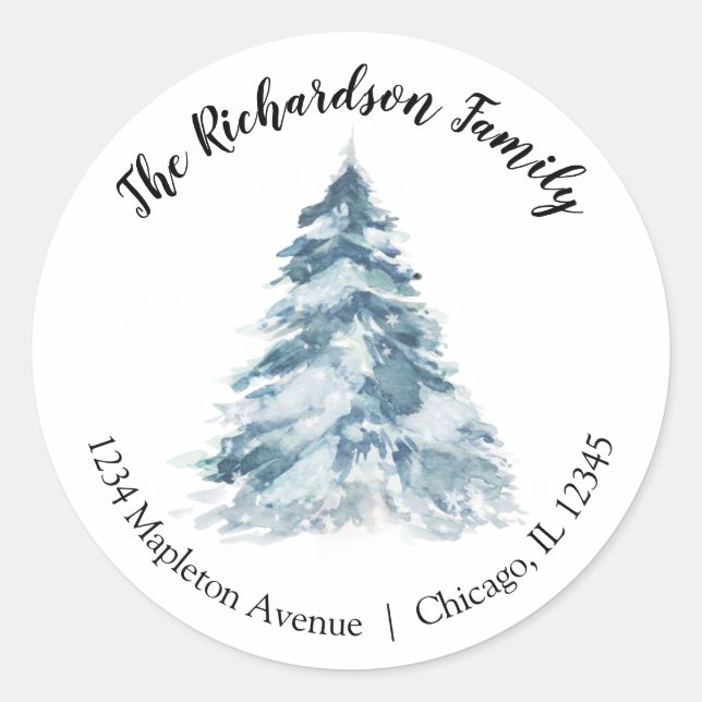 Sticker Rond Aquarelle sapin de Noël élégante adresse de retour (Devant)