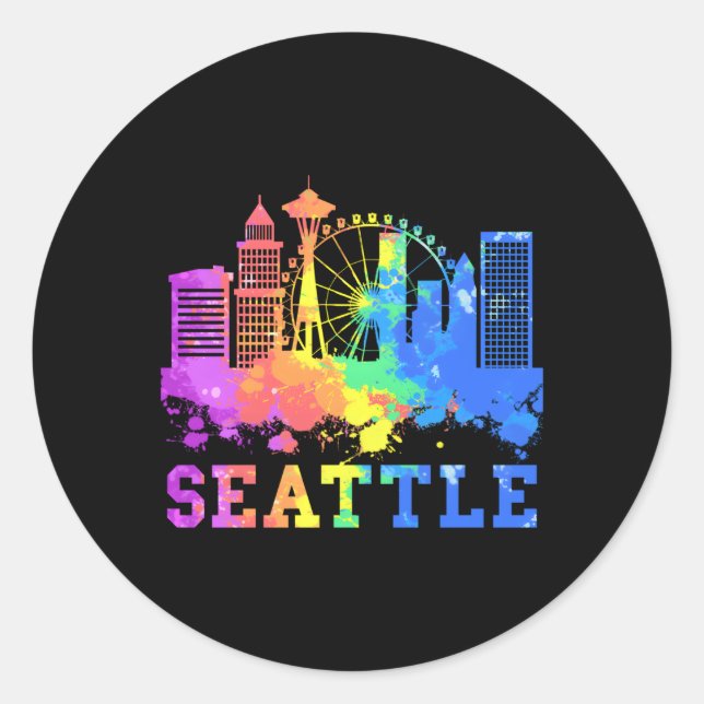 Sticker Rond Aquarelle Seattle Washington Skyline (Devant)