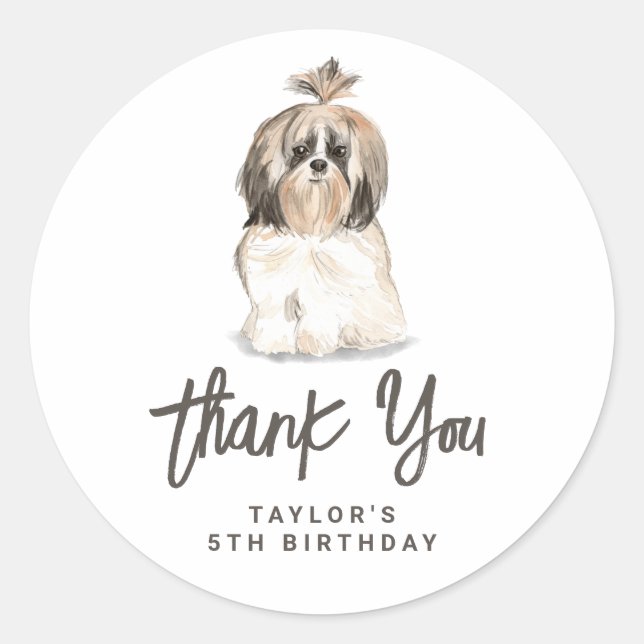 Sticker Rond Aquarelle Shih Tzu Chien Merci d'anniversaire (Devant)