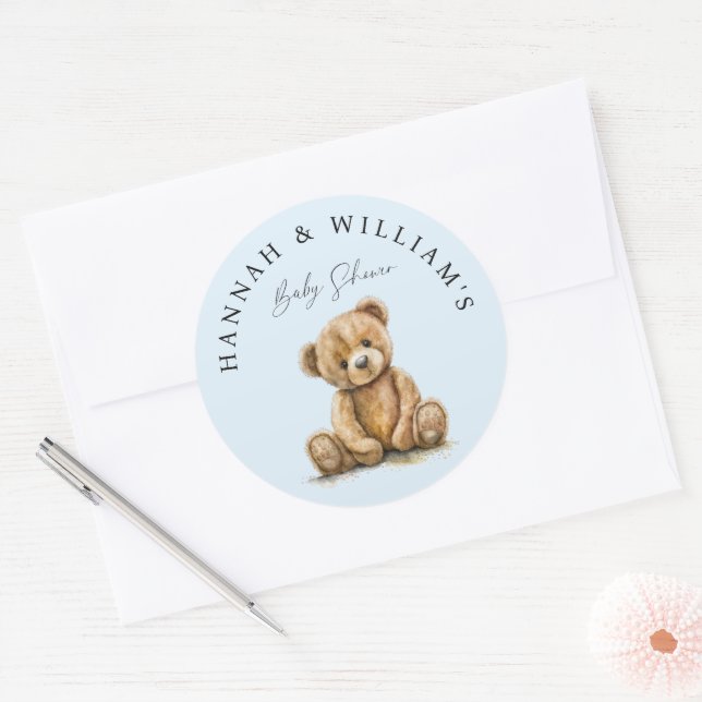 Sticker Rond Aquarelle simple Teddy Bear Boy Baby shower bleu (Enveloppe)