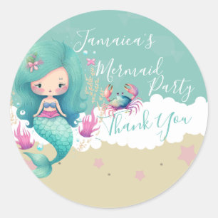 Sticker Rond Aquarelle Sirène Ocean Beach Merci d'anniversaire