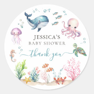 Sticker Rond Aquarelle sous le Merci de Baby shower de mer