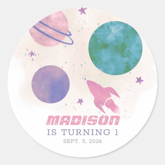 Sticker Rond Aquarelle spatiale de la fille Planète 1er anniver (Devant)