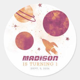 Sticker Rond Aquarelle spatiale Planète fille 1er anniversaire