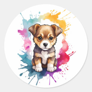 Sticker Rond Aquarelle Splash Art Chien Chien Chien Chien Paint