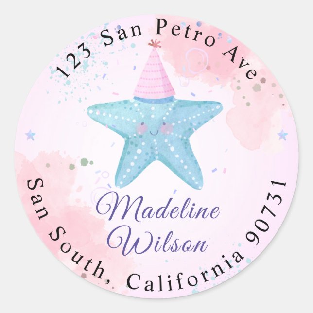 Sticker Rond Aquarelle Starfish Under the Sea Adresse de retour (Devant)