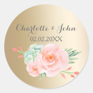 Sticker Rond Aquarelle Succulent Blush Floral Élégant Mariage