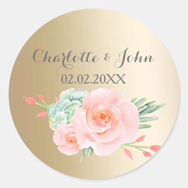Sticker Rond Aquarelle Succulent Blush Floral Élégant Mariage (Devant)
