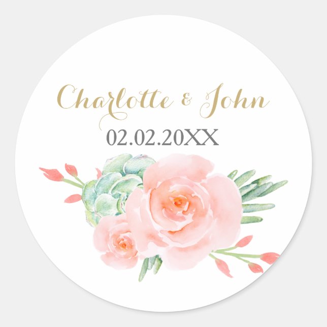 Sticker Rond Aquarelle Succulent Blush Floral Élégant Mariage (Devant)
