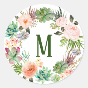 Sticker Rond Aquarelle Succulents Floral Wreath Monogramme
