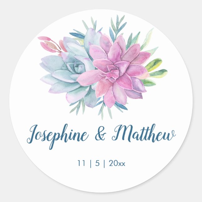 Sticker Rond Aquarelle Succulents Mariage (Devant)