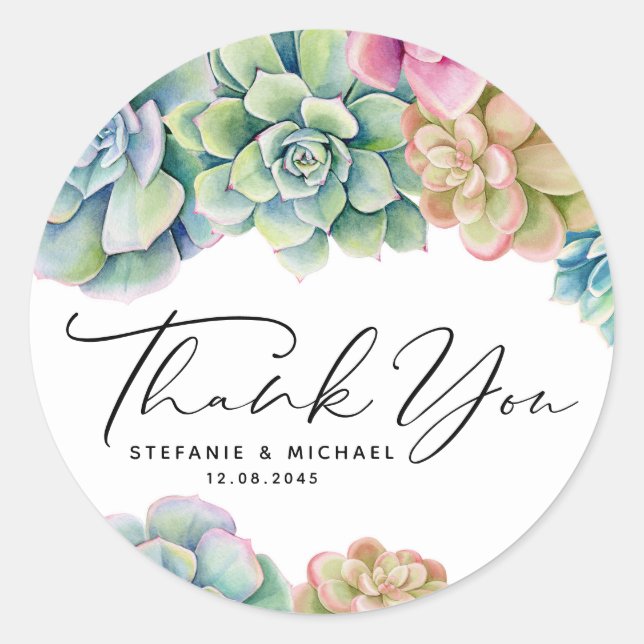 Sticker Rond Aquarelle Succulents Mariage d'été Merci (Devant)
