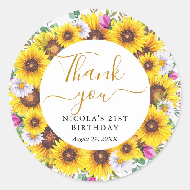 Sticker Rond Aquarelle Sunflower Wreath Anniversaire (Devant)