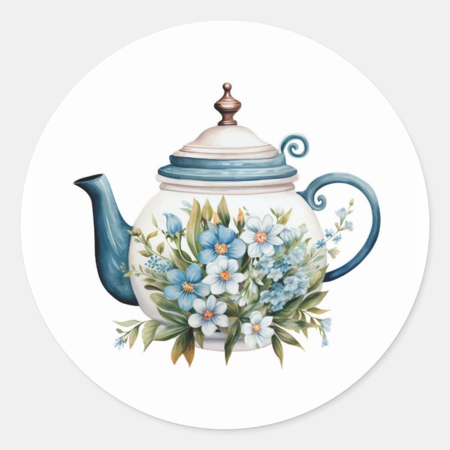 Sticker Rond Aquarelle Teapot avec blanc bleu Floral Classic (Devant)