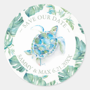 Sticker Rond Aquarelle Tortue de mer et enveloppe de verdure