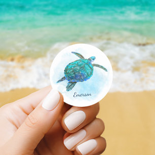 Sticker Rond Aquarelle Tortue de mer Océan tropical