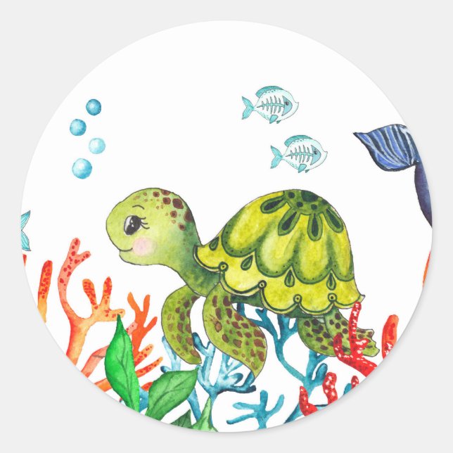 Sticker Rond Aquarelle Tortue verte sous la mer Anniversaire (Devant)