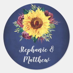 Sticker Rond Aquarelle Tournesol Bourgogne Rose Mariage de mari