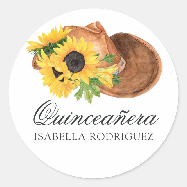 Sticker Rond Aquarelle Tournesol Rustique Ouest Quinceañera (Devant)