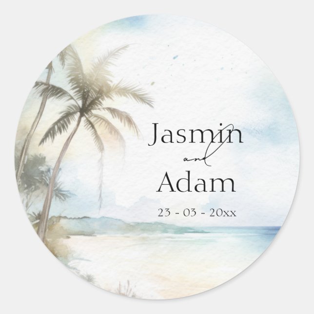 Sticker Rond Aquarelle Tropical Beach Palm Trees Mariage (Devant)