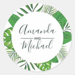 Sticker Rond Aquarelle Tropical Feuilles Beach Mariage