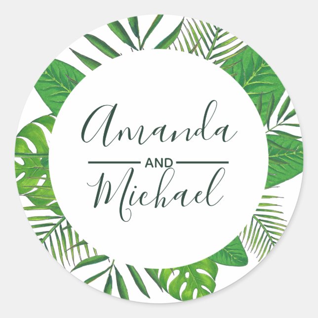 Sticker Rond Aquarelle Tropical Feuilles Beach Mariage (Devant)