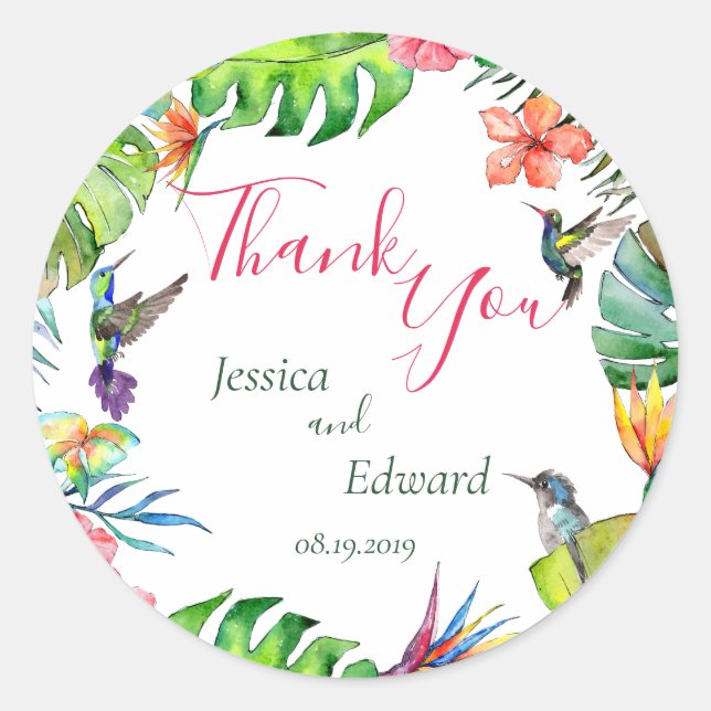 Sticker Rond Aquarelle Tropical Floral Mariage Merci (Devant)