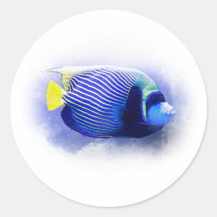 Sticker Rond Aquarelle Tropical Paradise Sea Blue Fish