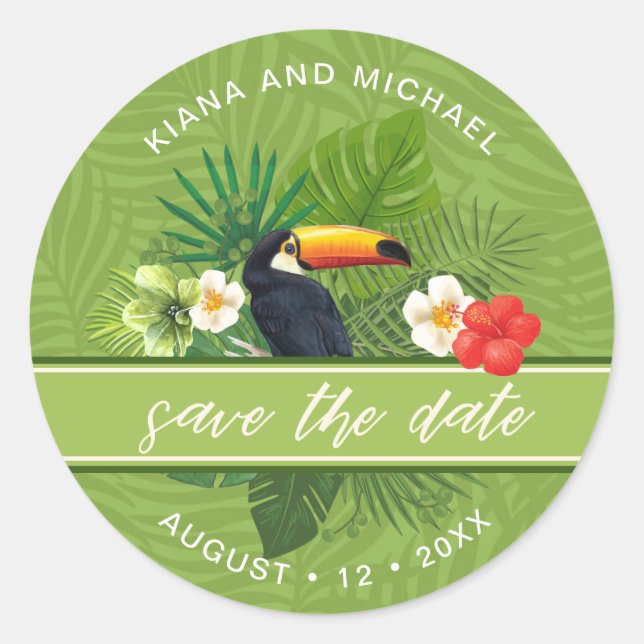 Sticker Rond Aquarelle tropicale Enregistrer la date Green ID57 (Devant)