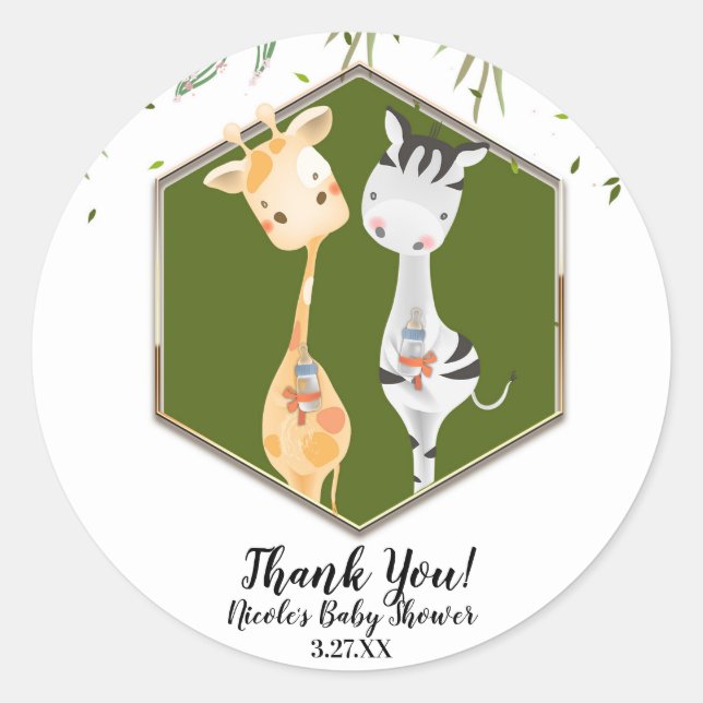 Sticker Rond Aquarelle tropicale Giraffe & Baby shower Zèbre (Devant)