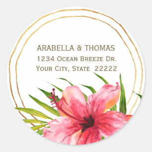 Sticker Rond Aquarelle tropicale Hibiscus Flower Return Adresse