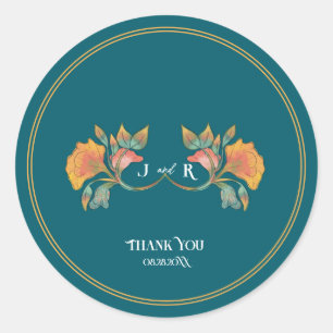 Sticker Rond Aquarelle turquoise Art Nouveau Mariage