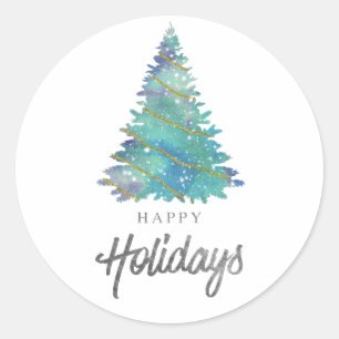 Sticker Rond Aquarelle turquoise Joyeuses Fêtes Arbre de Noël