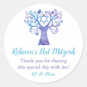 Sticker Rond Aquarelle Turquoise violette Arbre Bat mitzvah de 