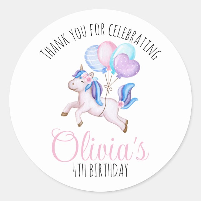 Sticker Rond Aquarelle Unicorne Balloon fête d'anniversaire (Devant)