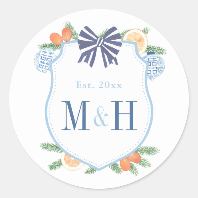 Sticker Rond Aquarelle Vacances Citrus Couples Monogramme Favor (Devant)