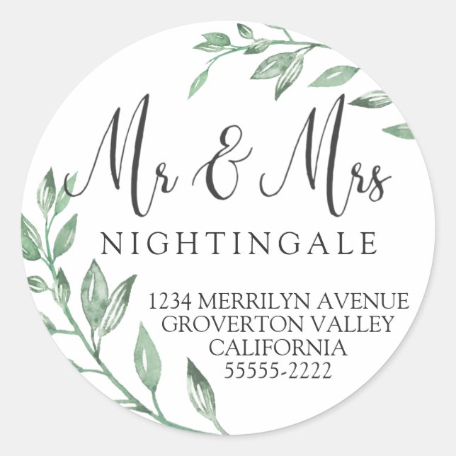 Sticker Rond Aquarelle Verdure Script Mariage Adresse de retour (Devant)