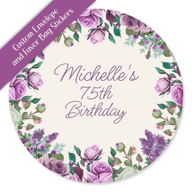 Sticker Rond Aquarelle verte à la menthe violette Floral 75e an (Custom purple floral envelope and favor bag stickers)