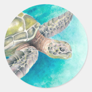 Sticker Rond Aquarelle verte de la tortue marine