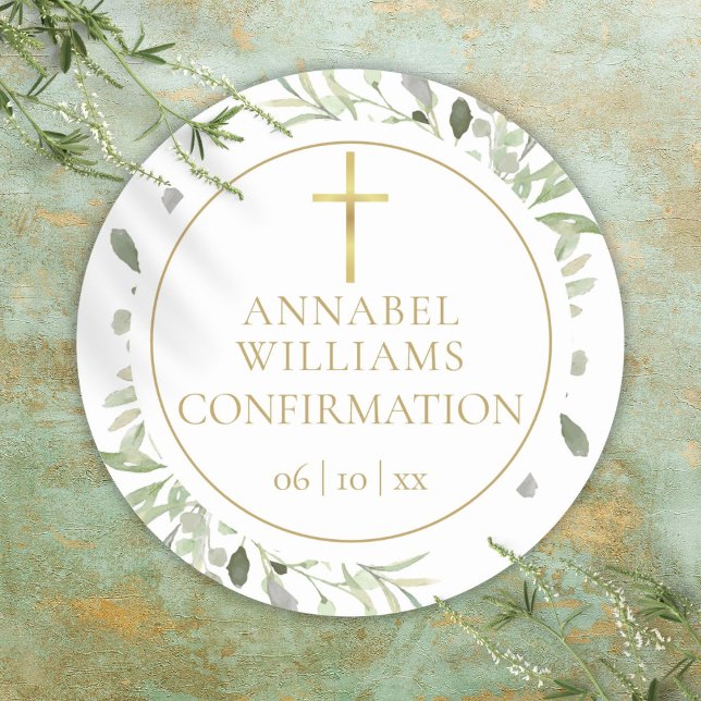 Sticker Rond Aquarelle verte Floral Gold Confirmation (Watercolor Greenery Floral Gold Confirmation Classic Round Sticker)
