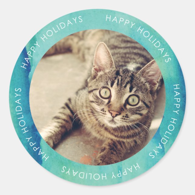 Sticker Rond Aquarelle verte Joyeuses vacances Photo (Devant)