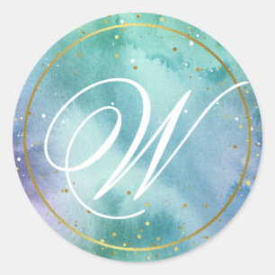 Sticker Rond Aquarelle Verte Monnaie Or Élégant Monogramme Scri