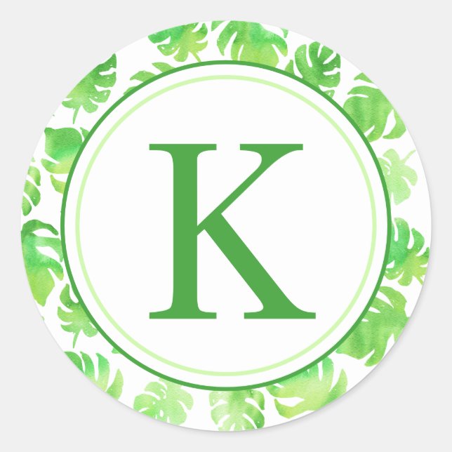 Sticker Rond Aquarelle verte tropicale Feuilles Monogramme (Devant)